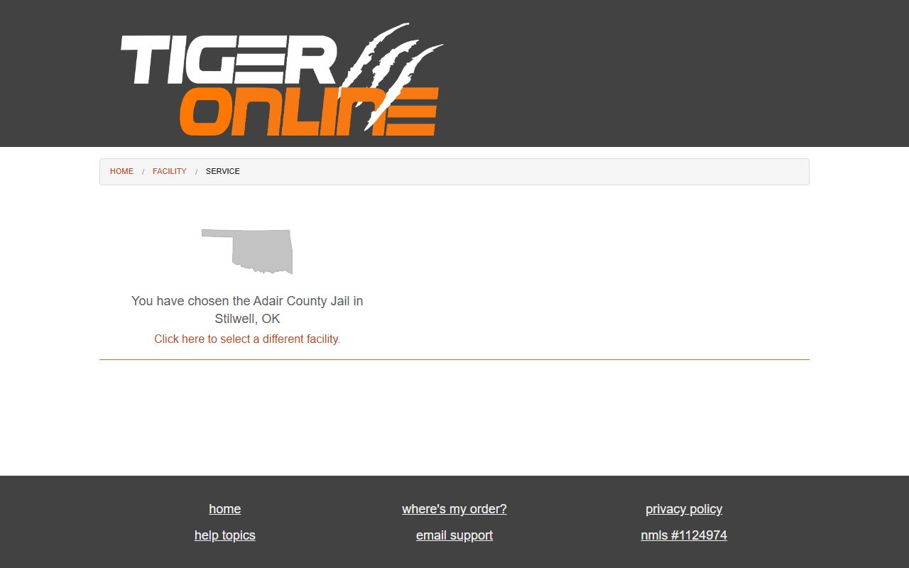 Tiger Commissary page for Adair County Jail in Stilwell Oklahoma